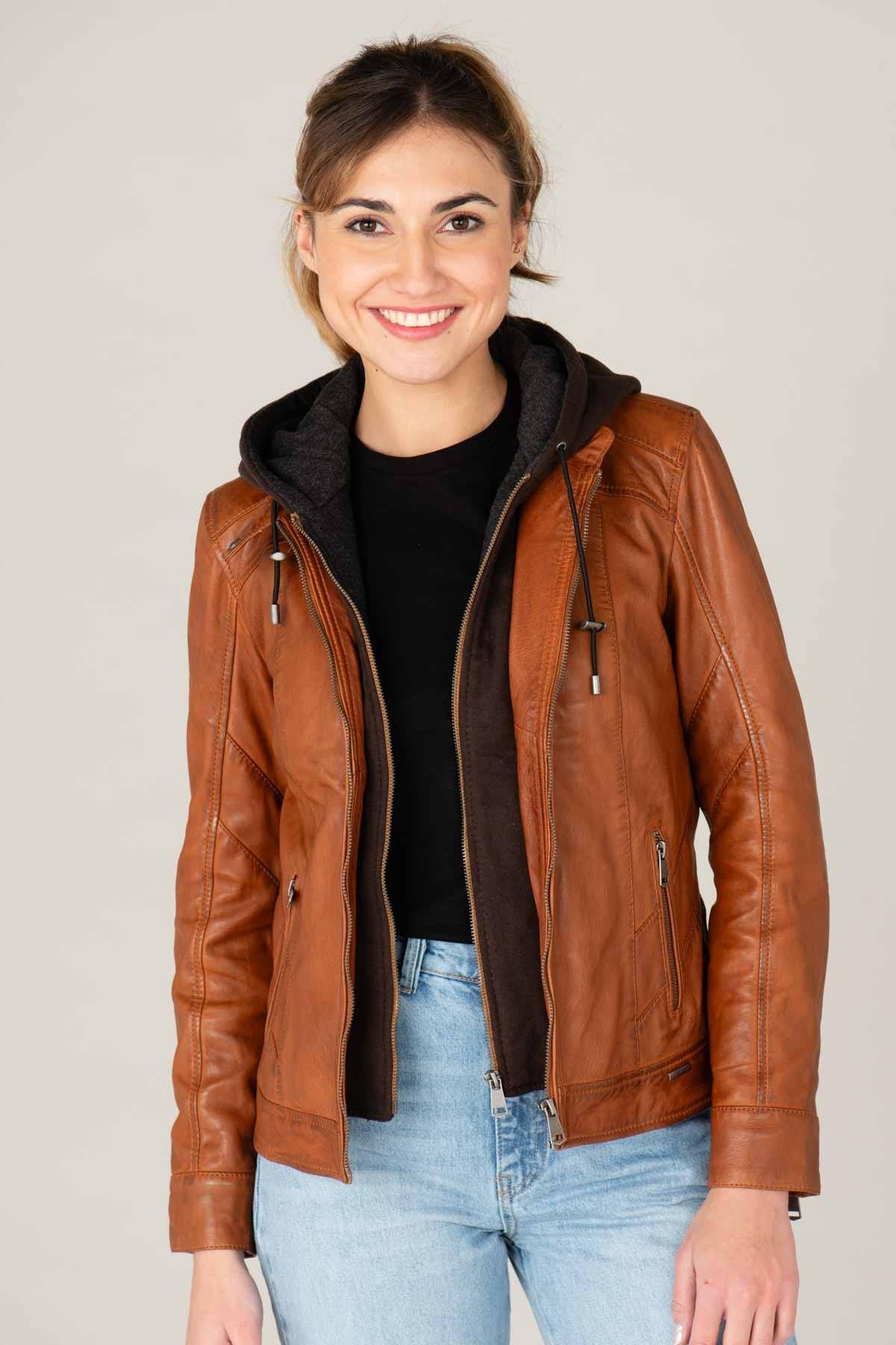 Cognac leather jacket with removable hood - Image n°1