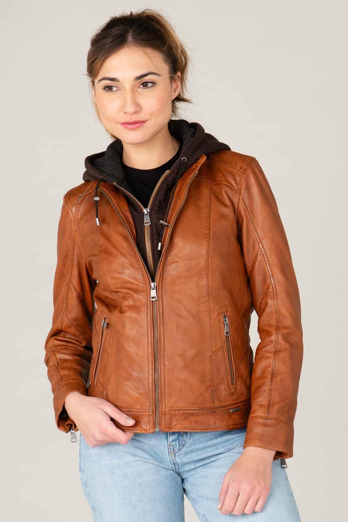 Cognac leather jacket with removable hood - Image n°7