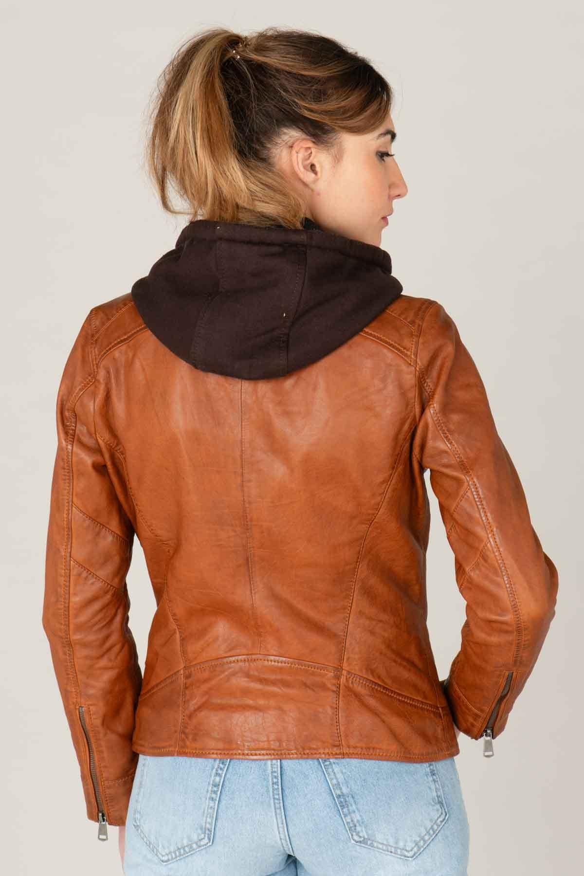 Cognac leather jacket with removable hood - Image n°2