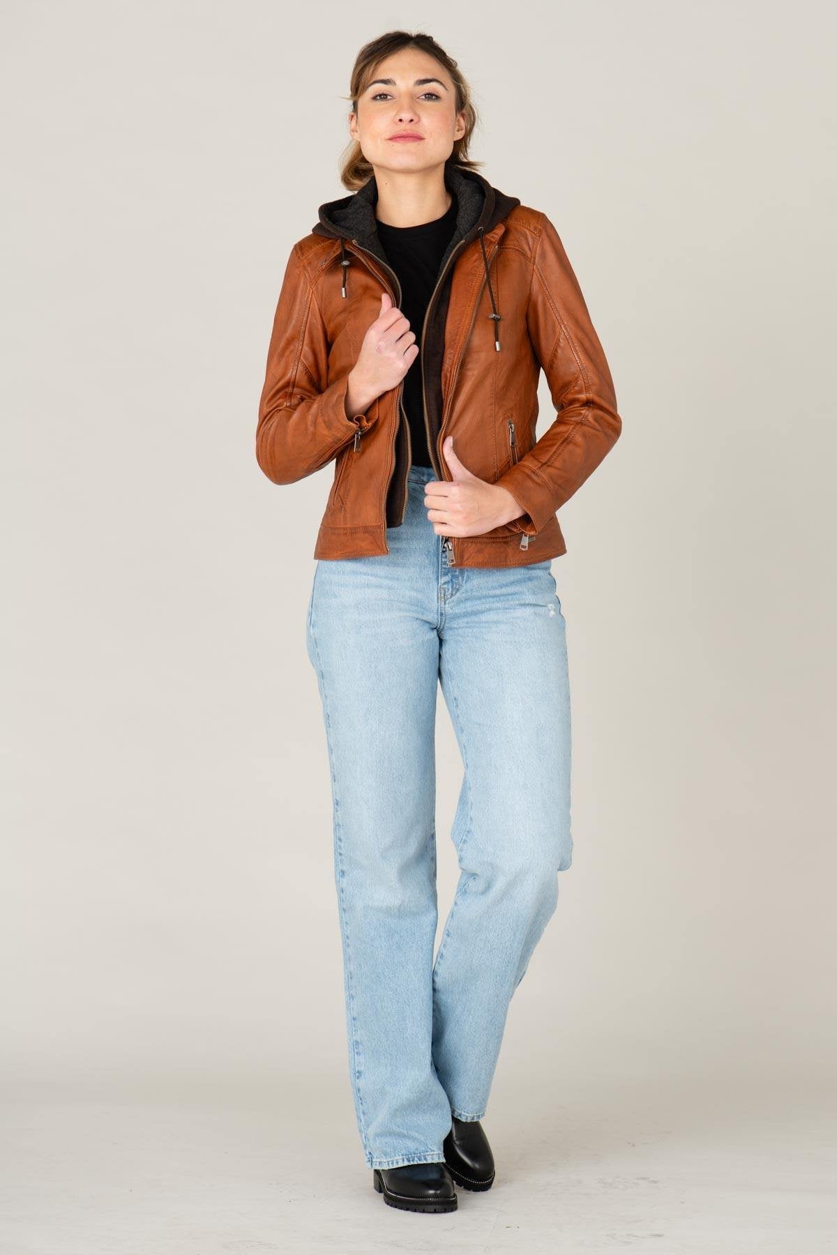 Cognac leather jacket with removable hood - Image n°6