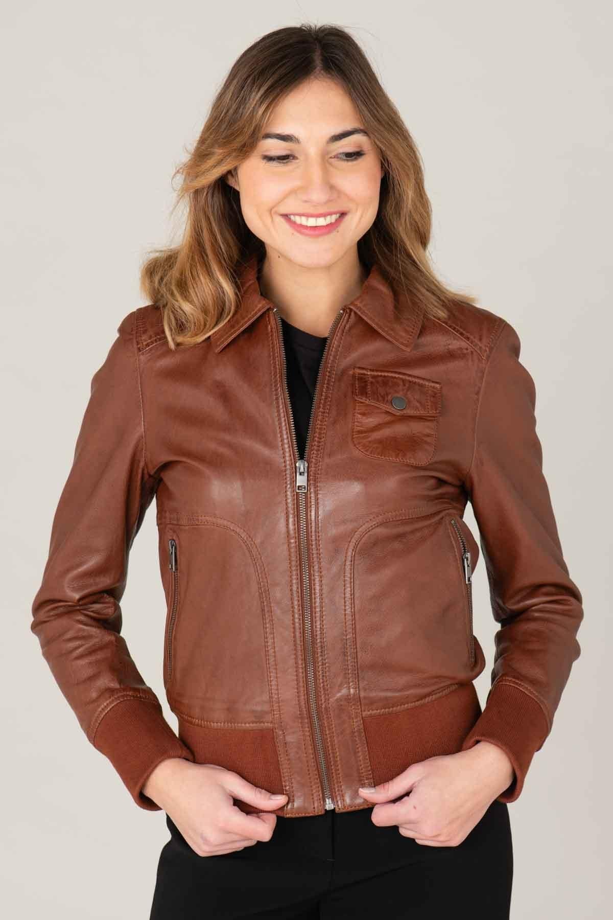 Port-colored leather jacket with shirt collar - Image n°1