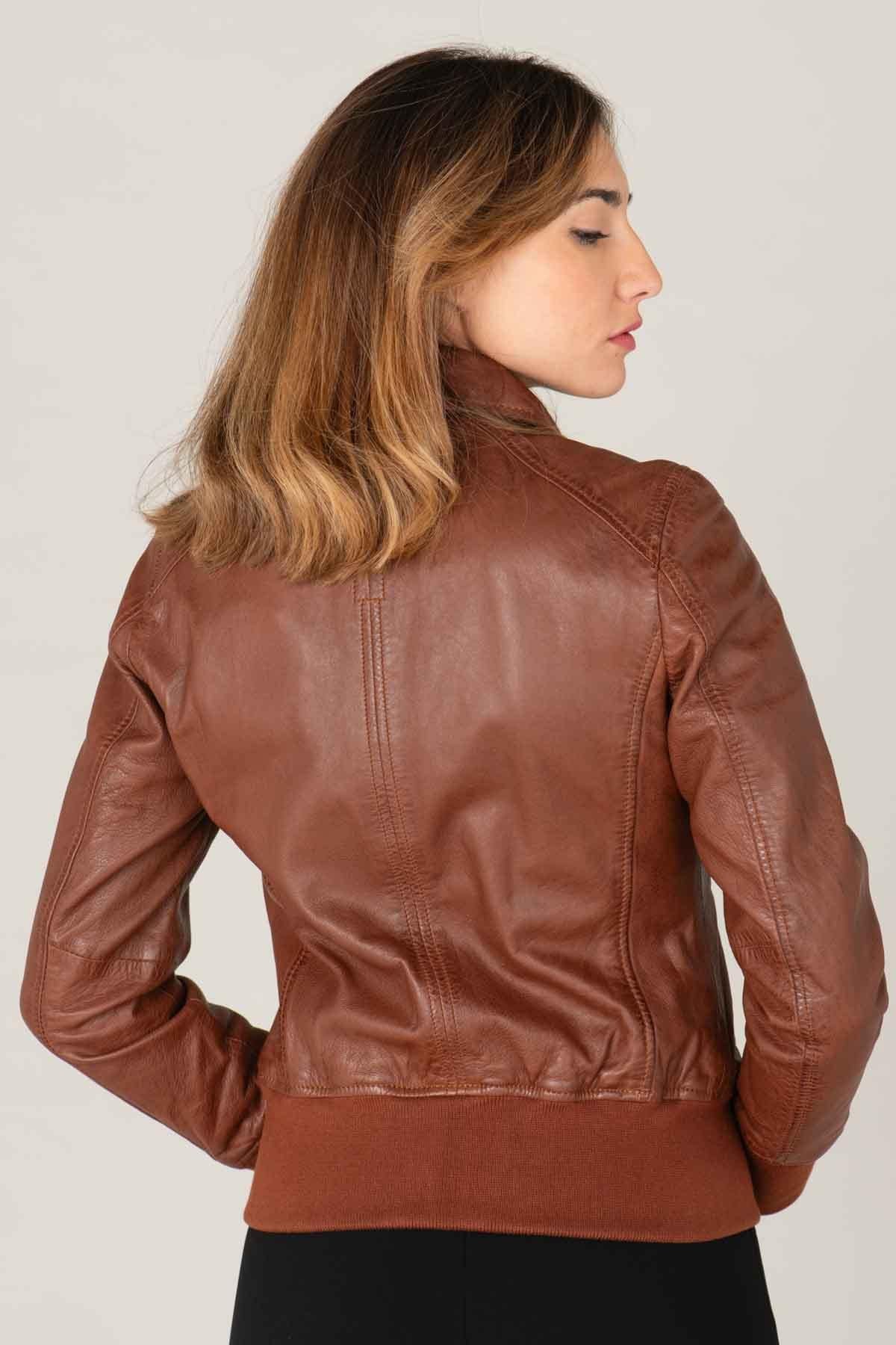 Port-colored leather jacket with shirt collar - Image n°2