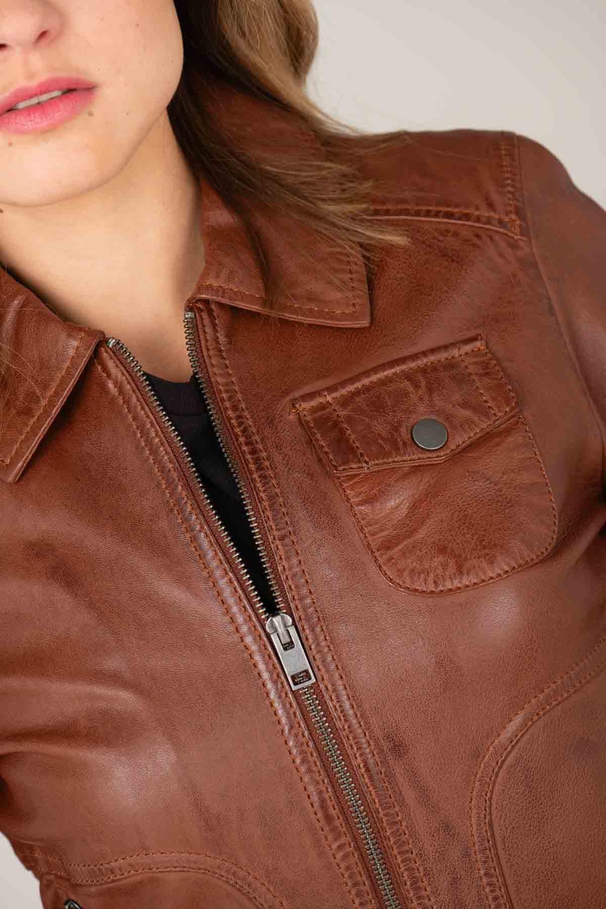 Port-colored leather jacket with shirt collar - Image n°4