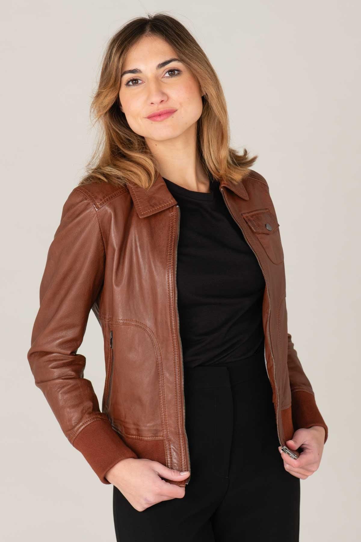 Port-colored leather jacket with shirt collar - Image n°6