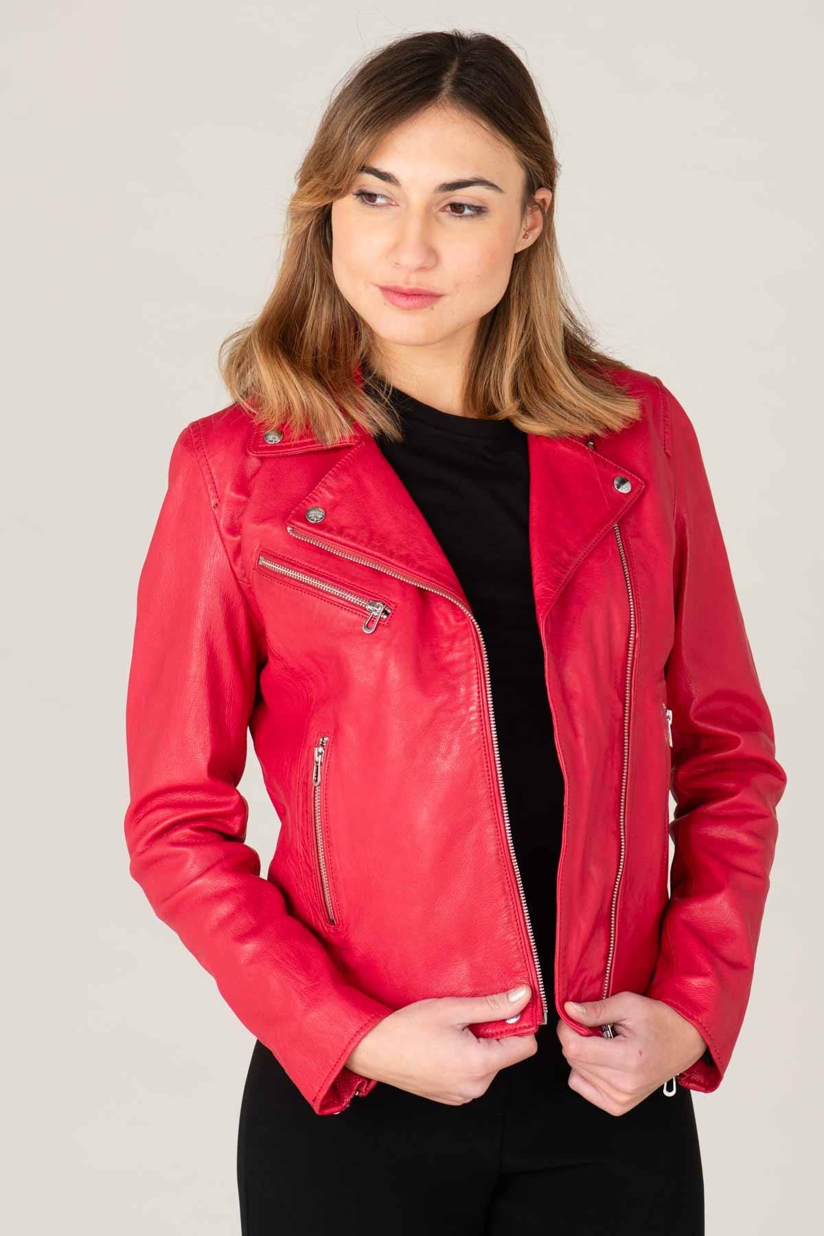 Women's raspberry vegetable leather perfecto - Image n°6