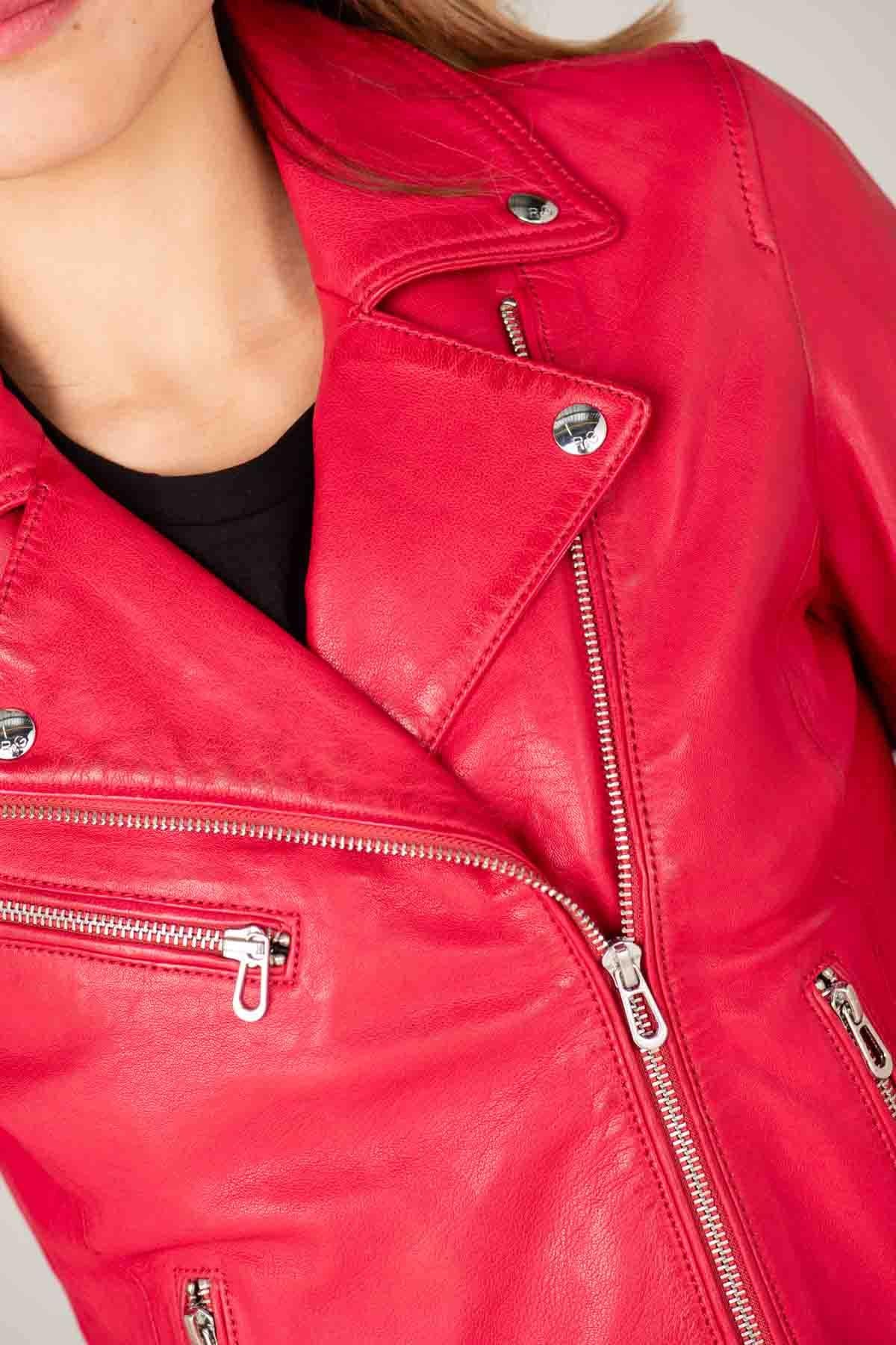 Women's raspberry vegetable leather Biker Jacket - Image n°3