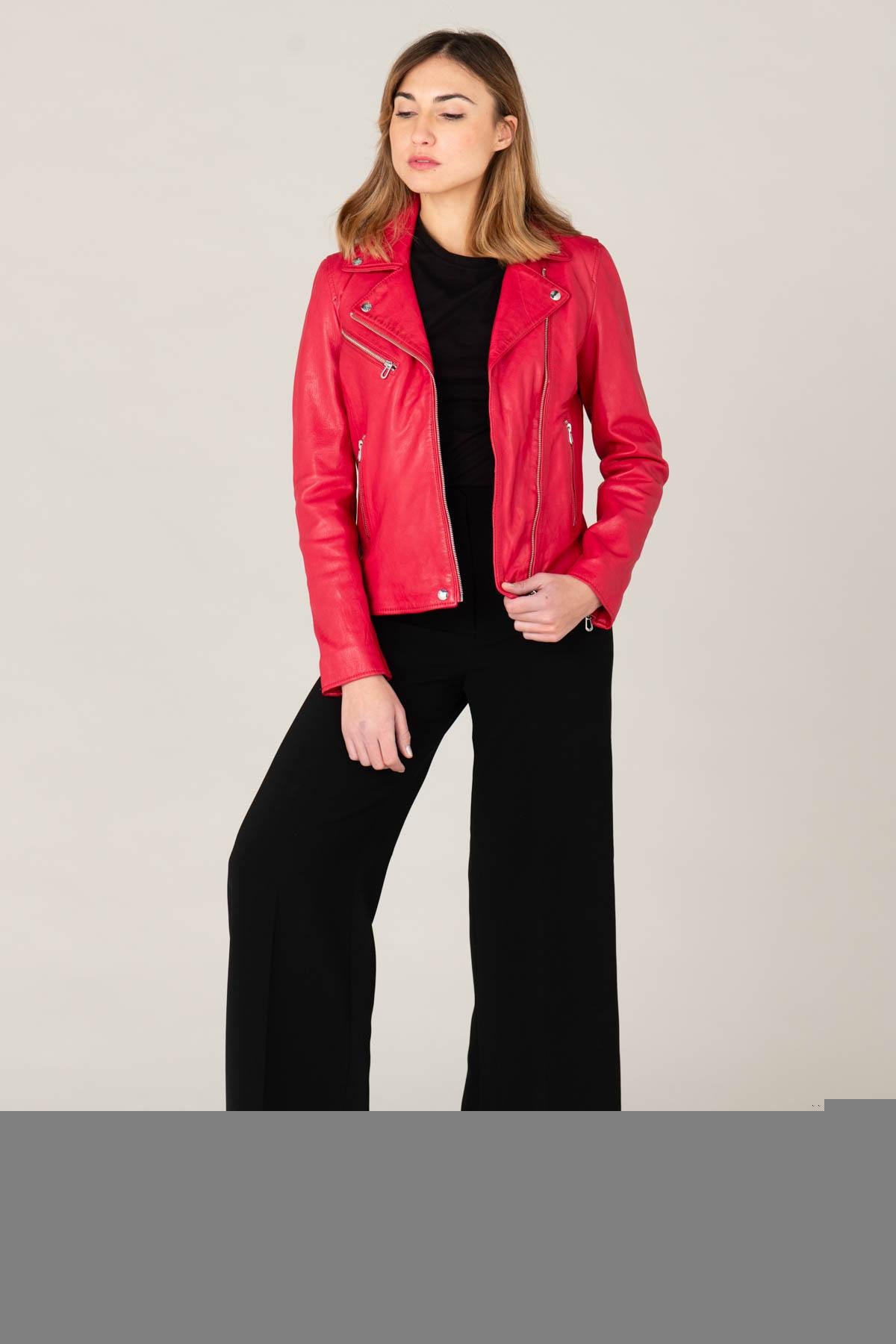 Women's raspberry vegetable leather perfecto - Image n°1