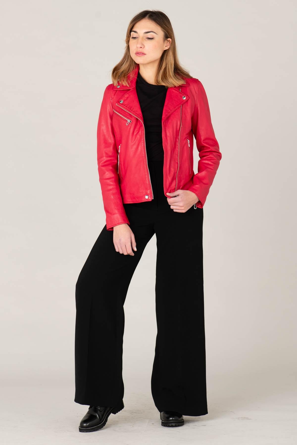 Women's raspberry vegetable leather Biker Jacket - Image n°1