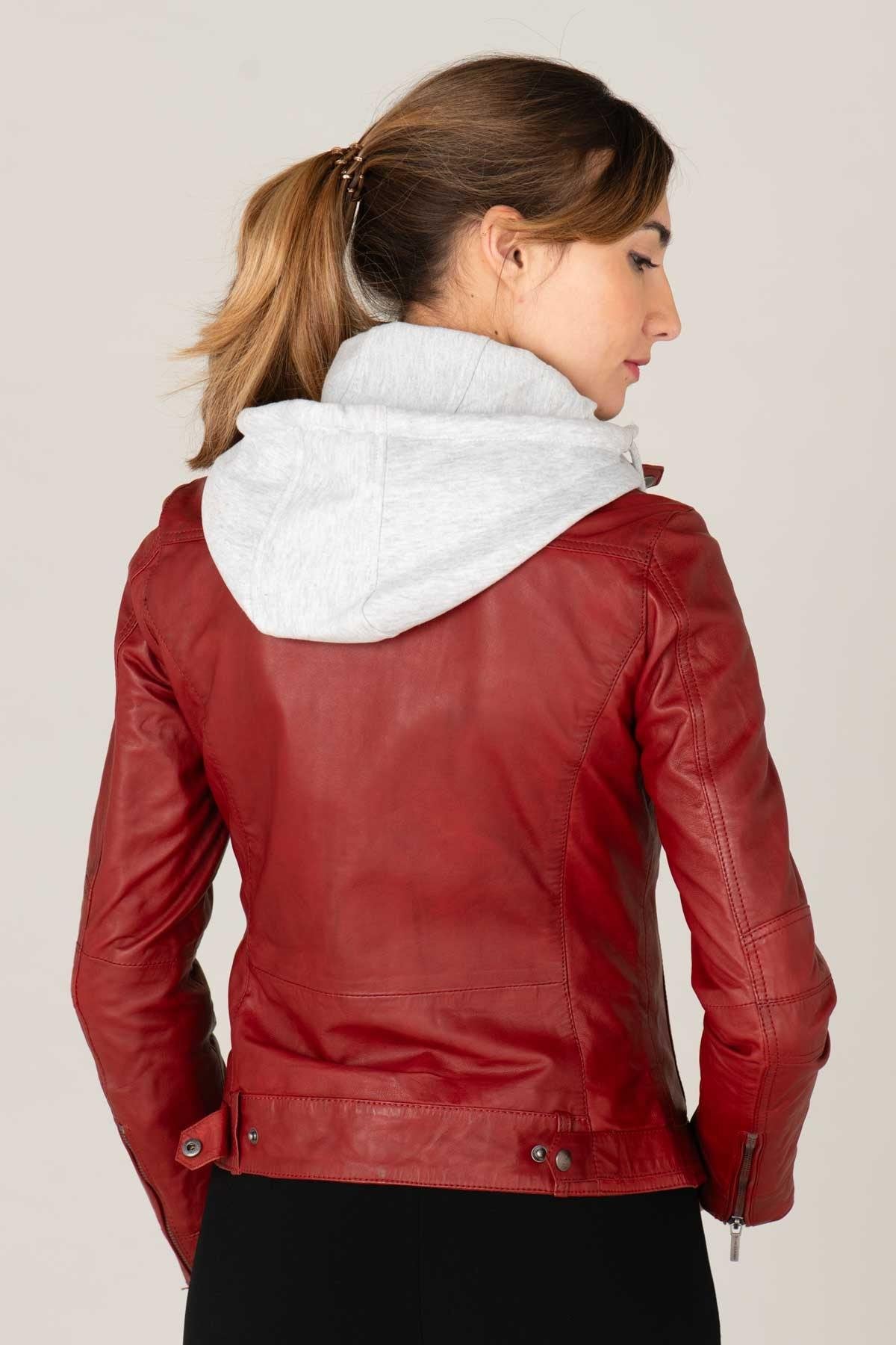 Leather jacket with biker collar and removable hood - Image n°5