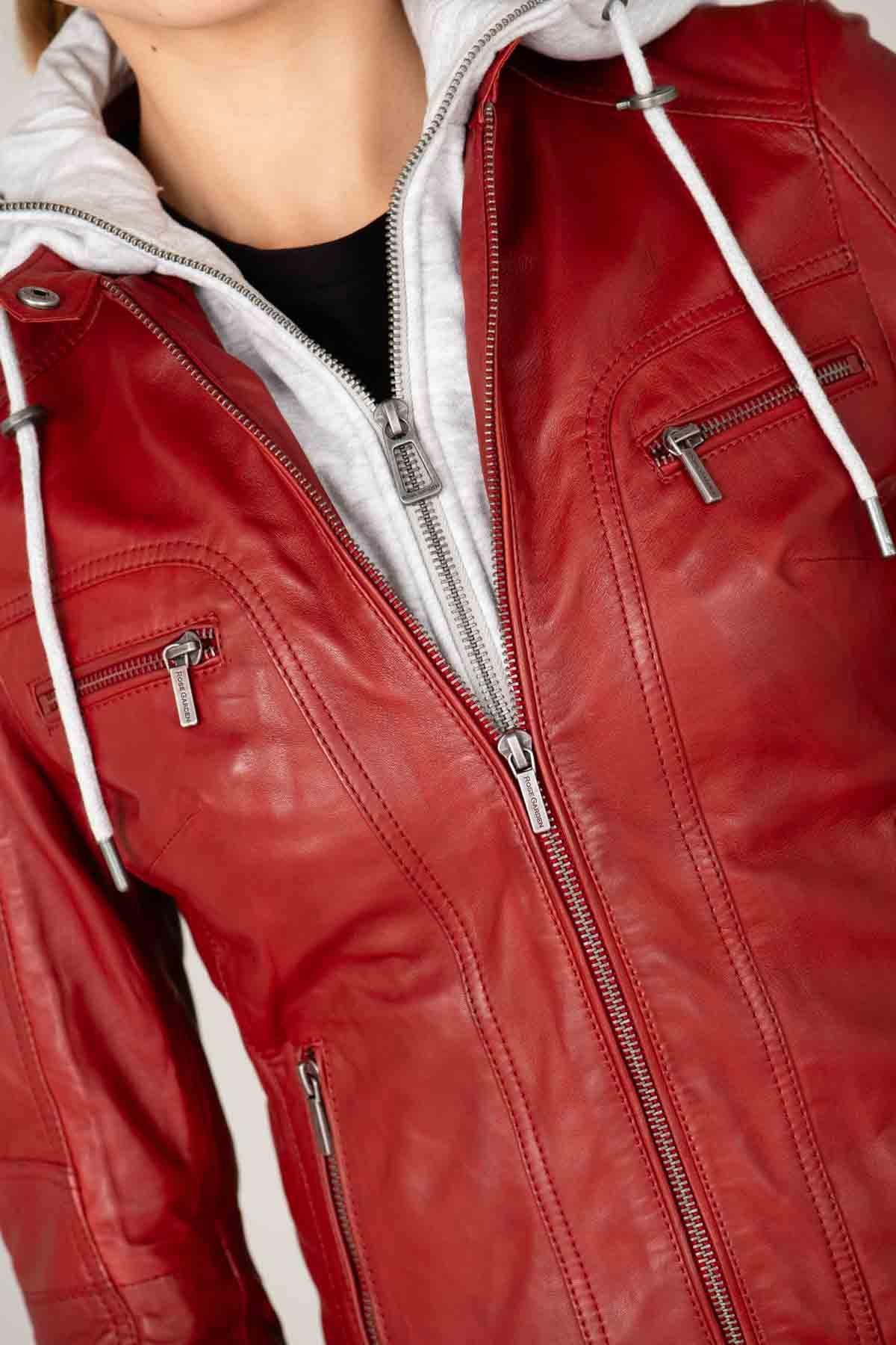 Leather jacket with biker collar and removable hood - Image n°2