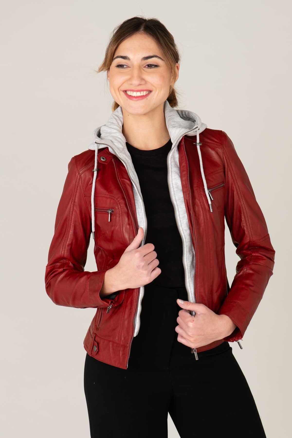 Leather jacket with biker collar and removable hood - Image n°1