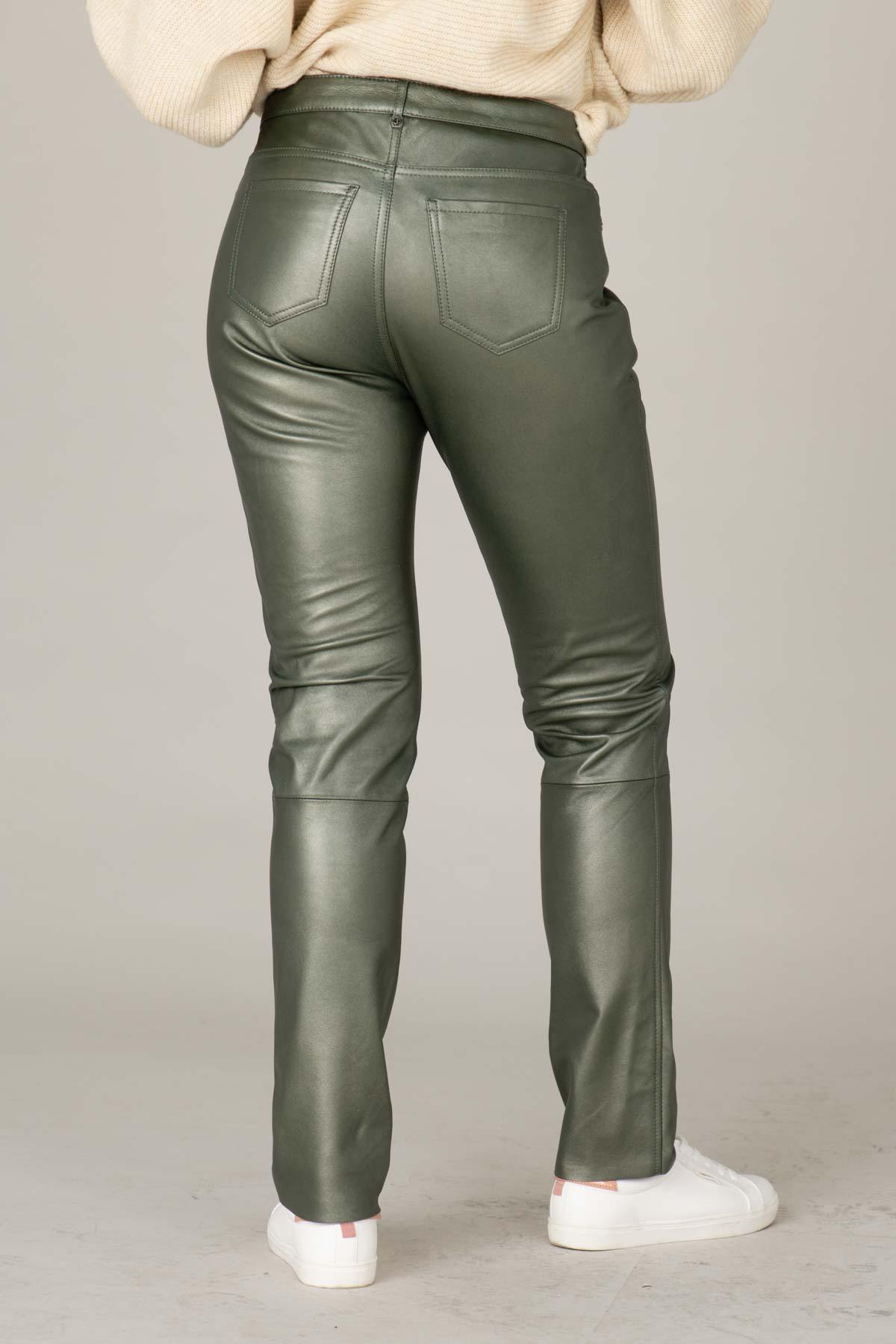 Dark green metallic-effect leather pants - Image n°3