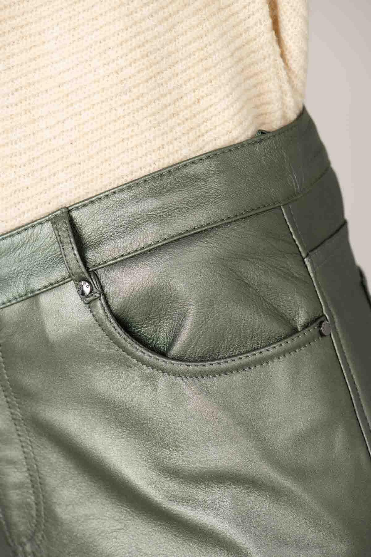 Dark green metallic-effect leather pants - Image n°4