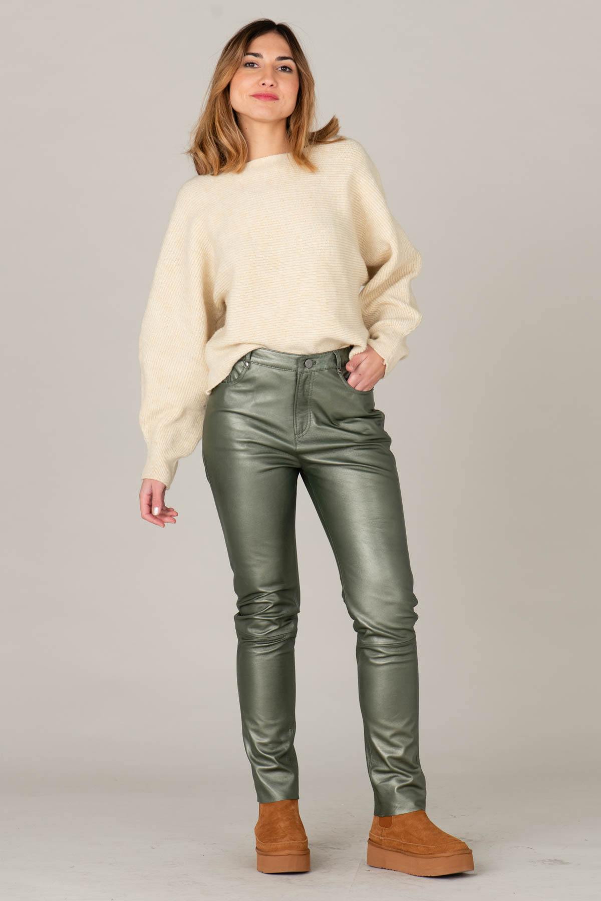 Dark green metallic-effect leather pants - Image n°2