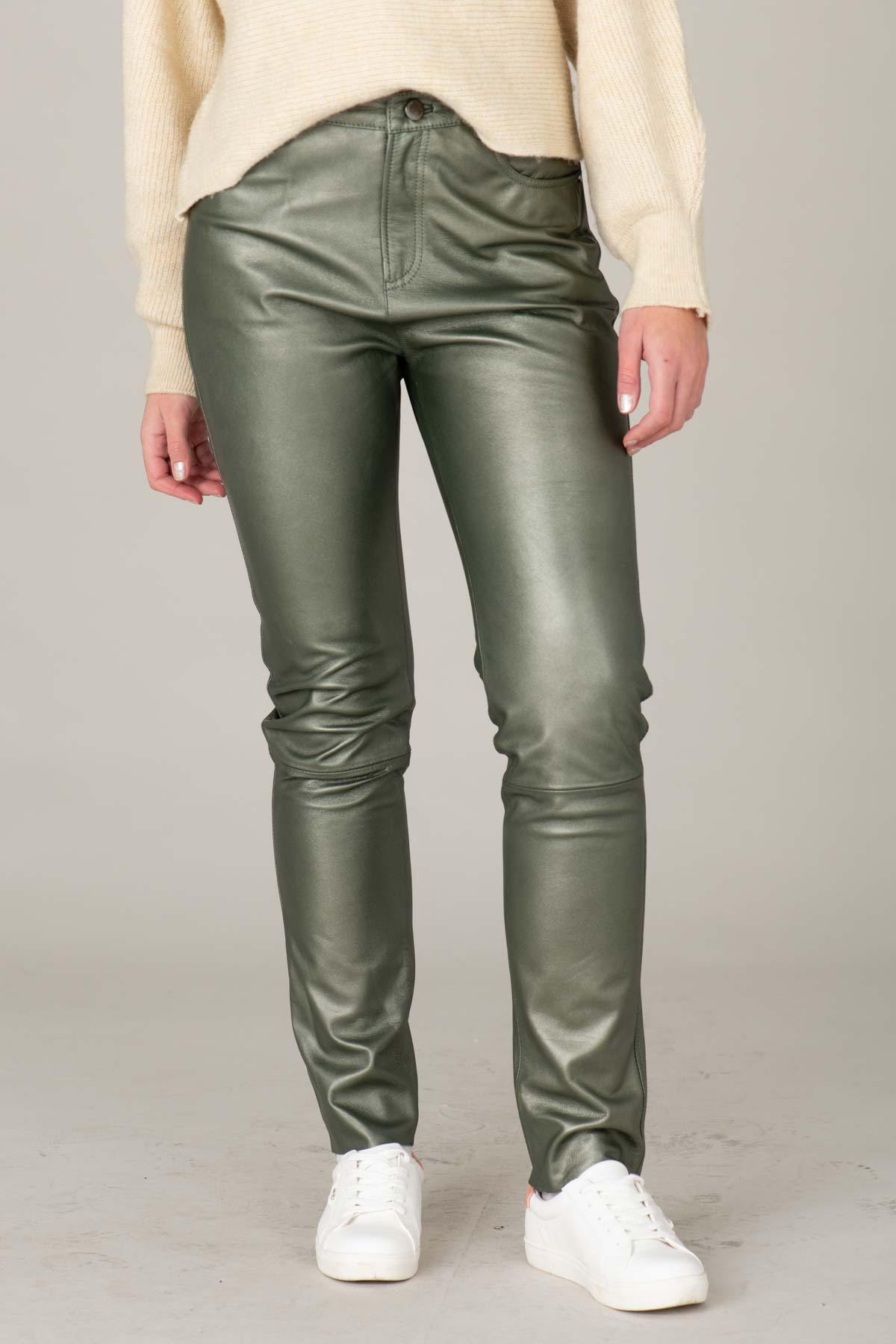 Dark green metallic-effect leather pants - Image n°1