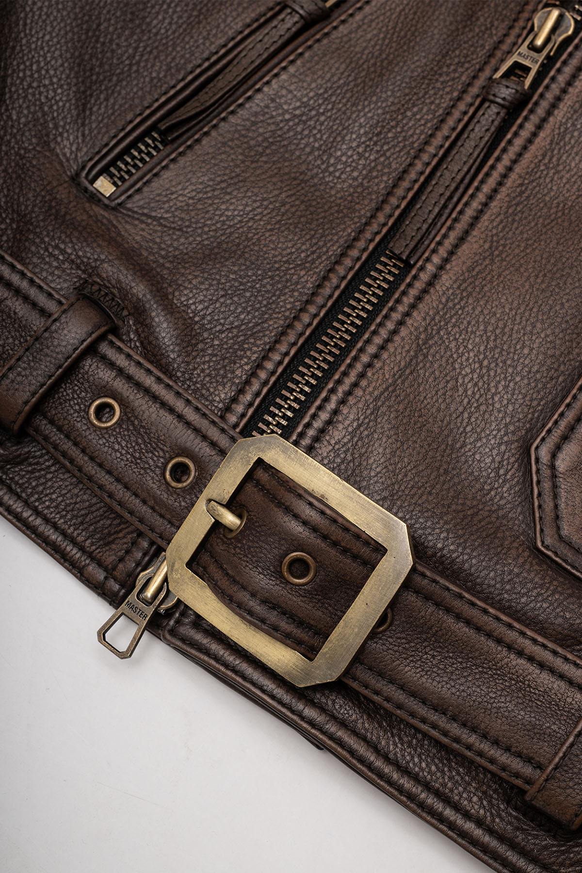 Aged brown Biker Jacket in full grain cowhide leather - Image n°11