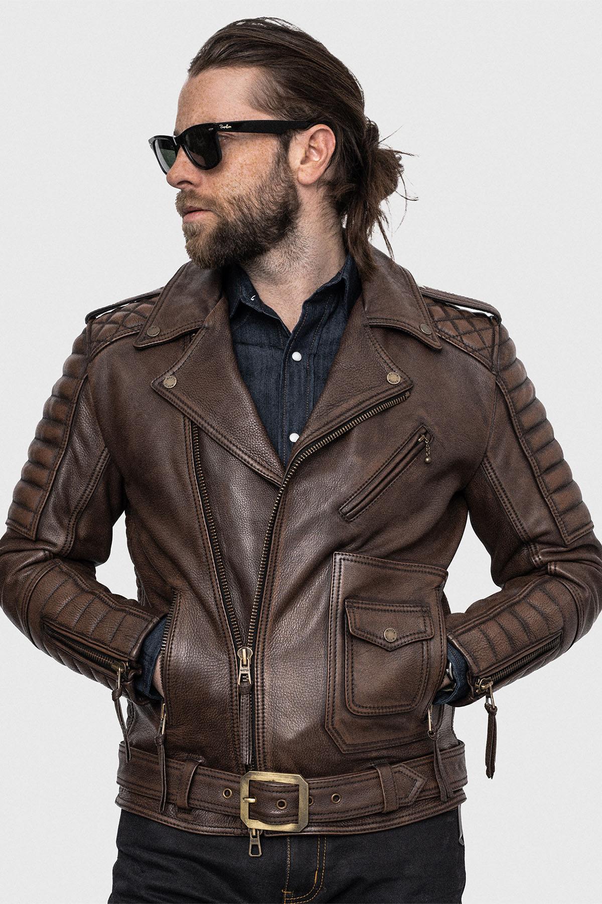 Aged brown perfecto in full grain cowhide leather - Image n°4