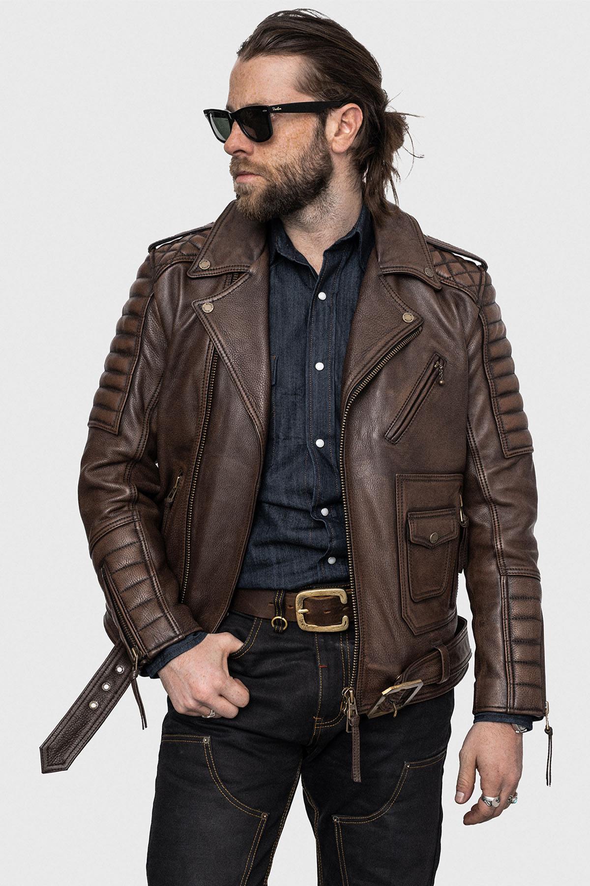 Aged brown Biker Jacket in full grain cowhide leather - Image n°2