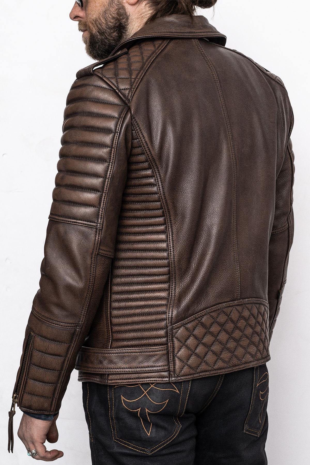 Aged brown Biker Jacket in full grain cowhide leather - Image n°5