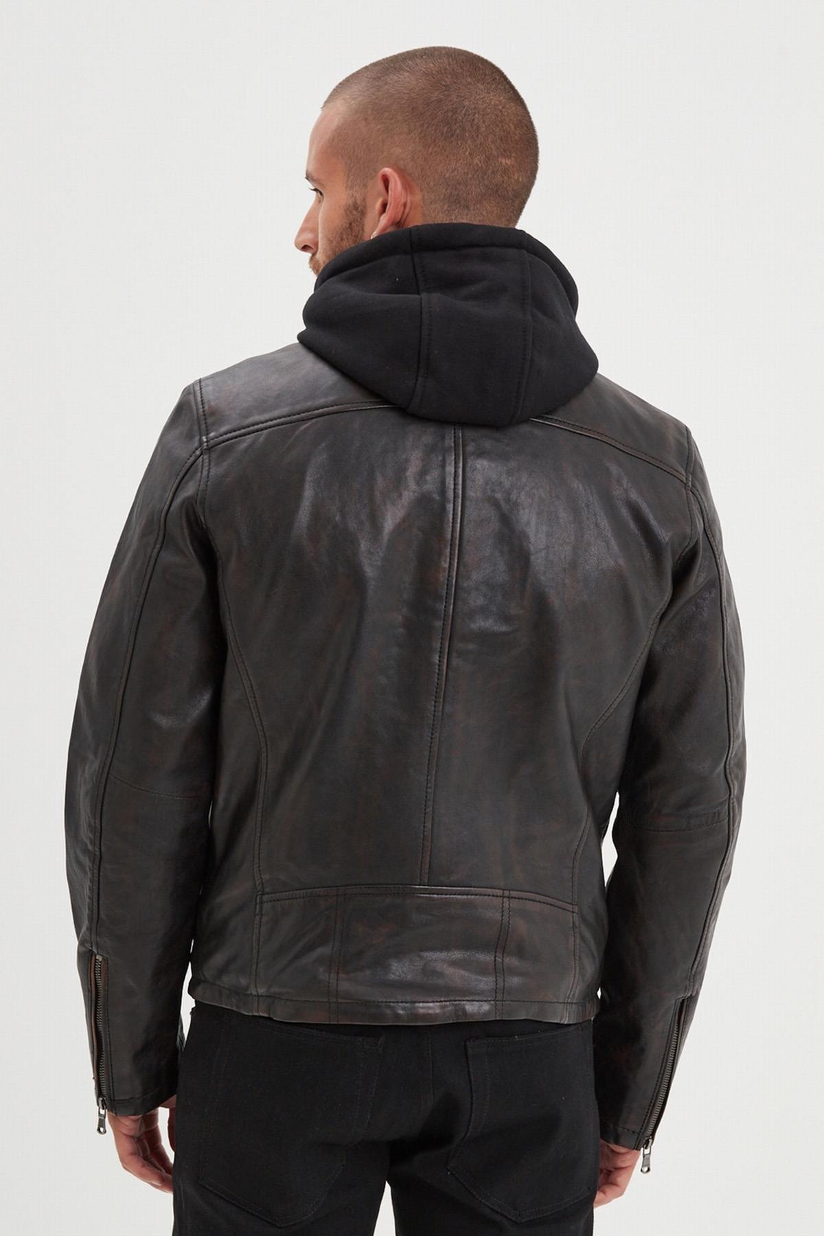 Leather jacket with biker collar and removable hood - Image n°3