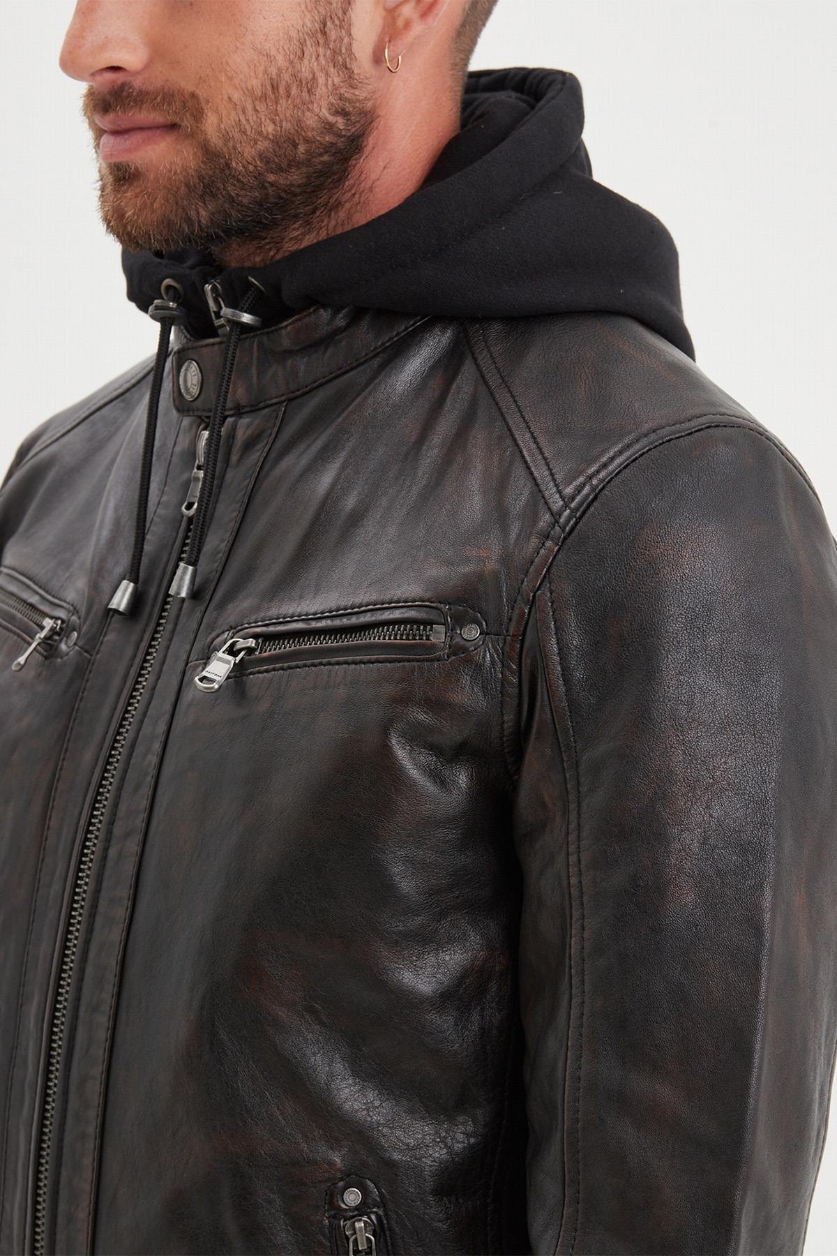 Leather jacket with biker collar and removable hood - Image n°4