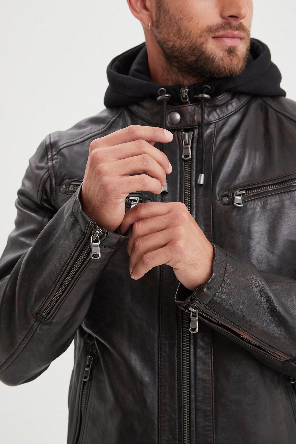 Leather jacket with biker collar and removable hood - Image n°2