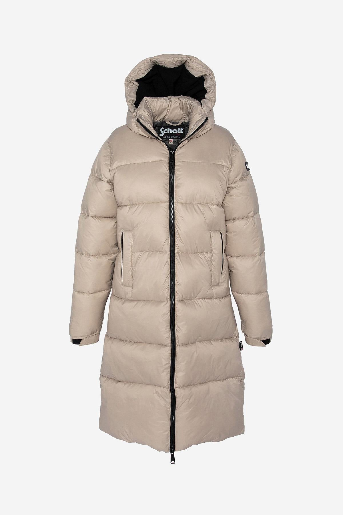 Extra long beige down jacket in recycled nylon - Image n°1