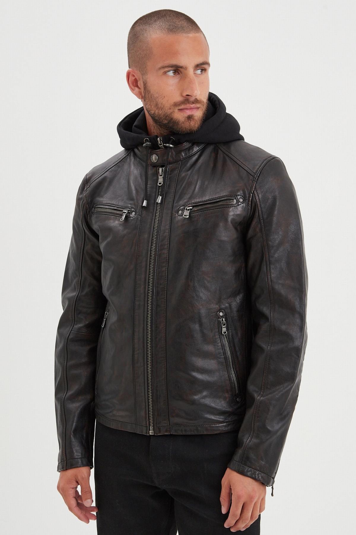 Leather jacket with biker collar and removable hood - Image n°1