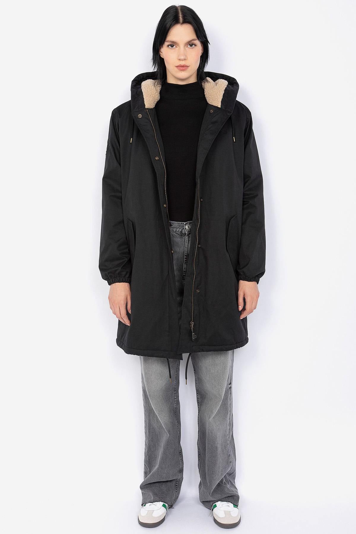 Black textile hooded parka for women - Image n°2