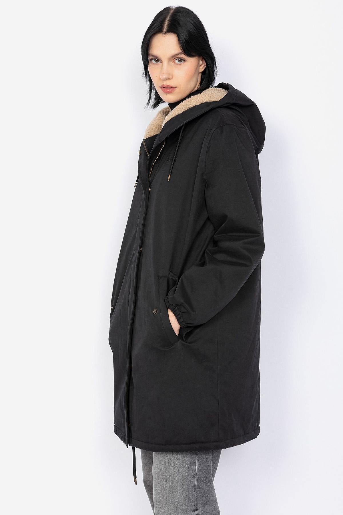 Black textile hooded parka for women - Image n°4