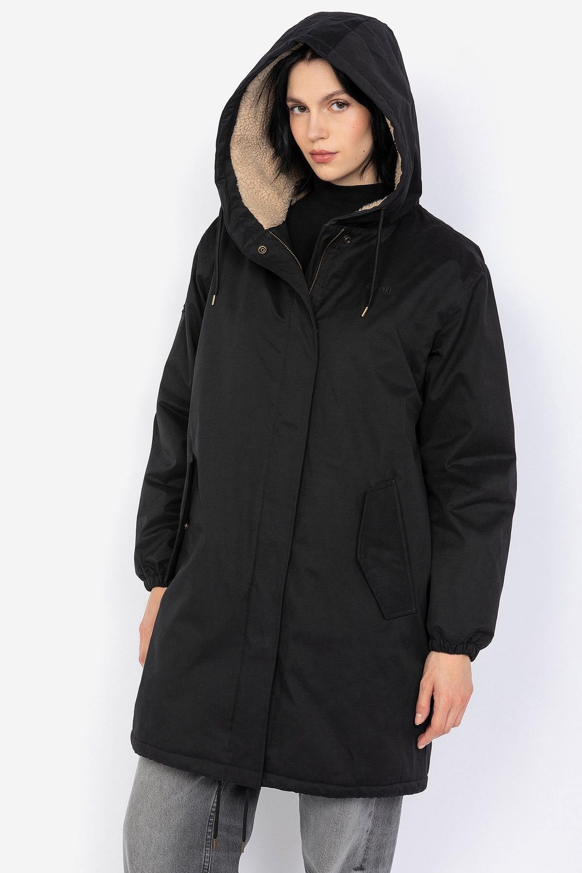 Black textile hooded parka for women - Image n°1