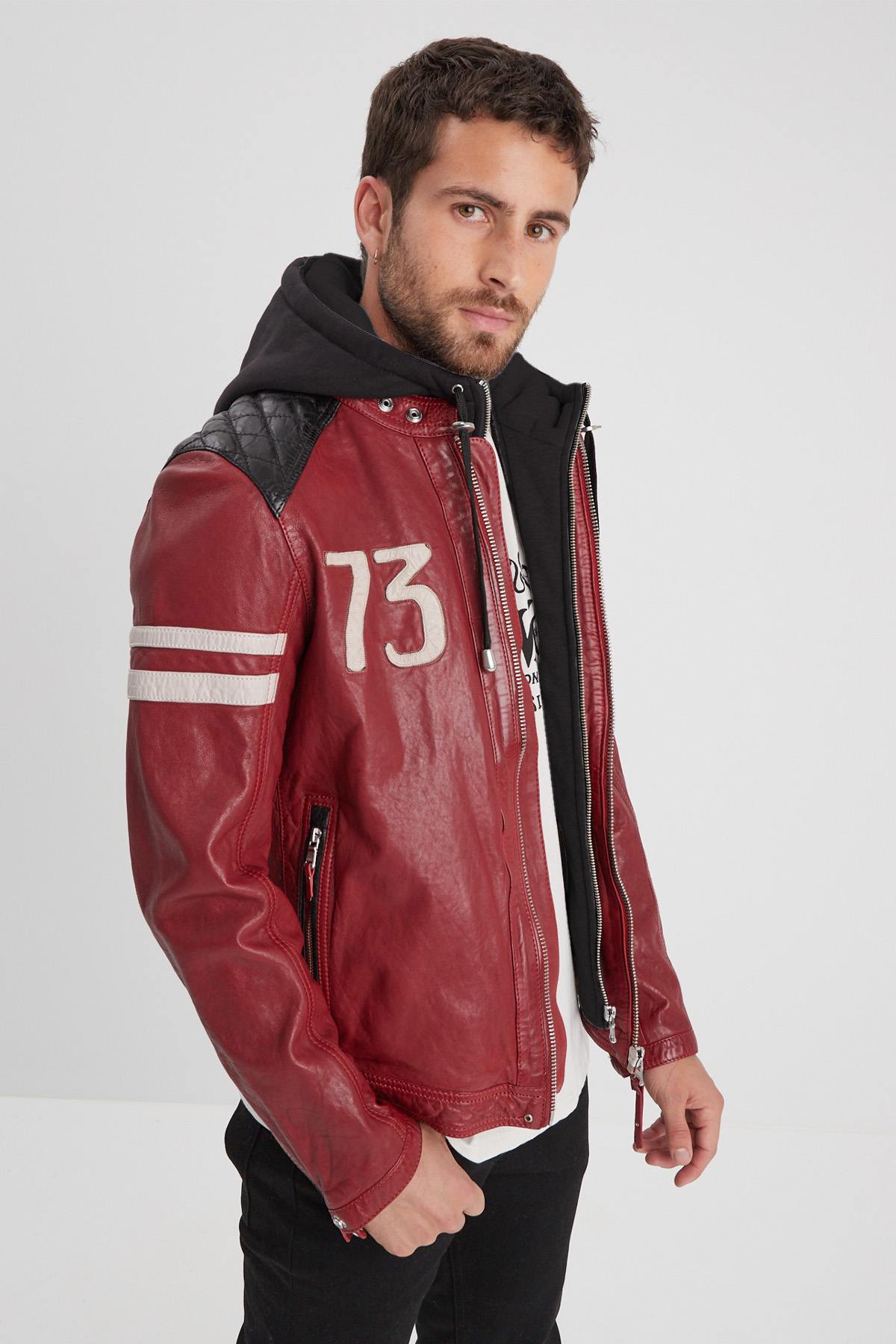 Men's red leather biker jacket - Image n°3