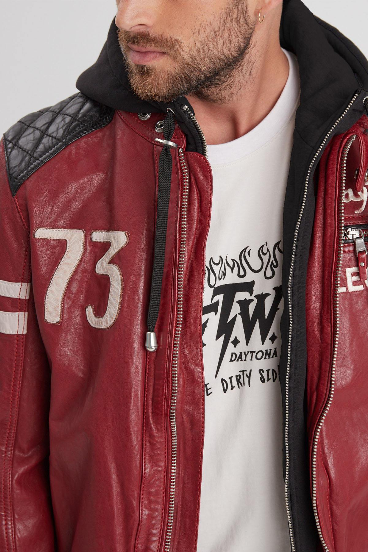 Men's red leather biker jacket - Image n°5