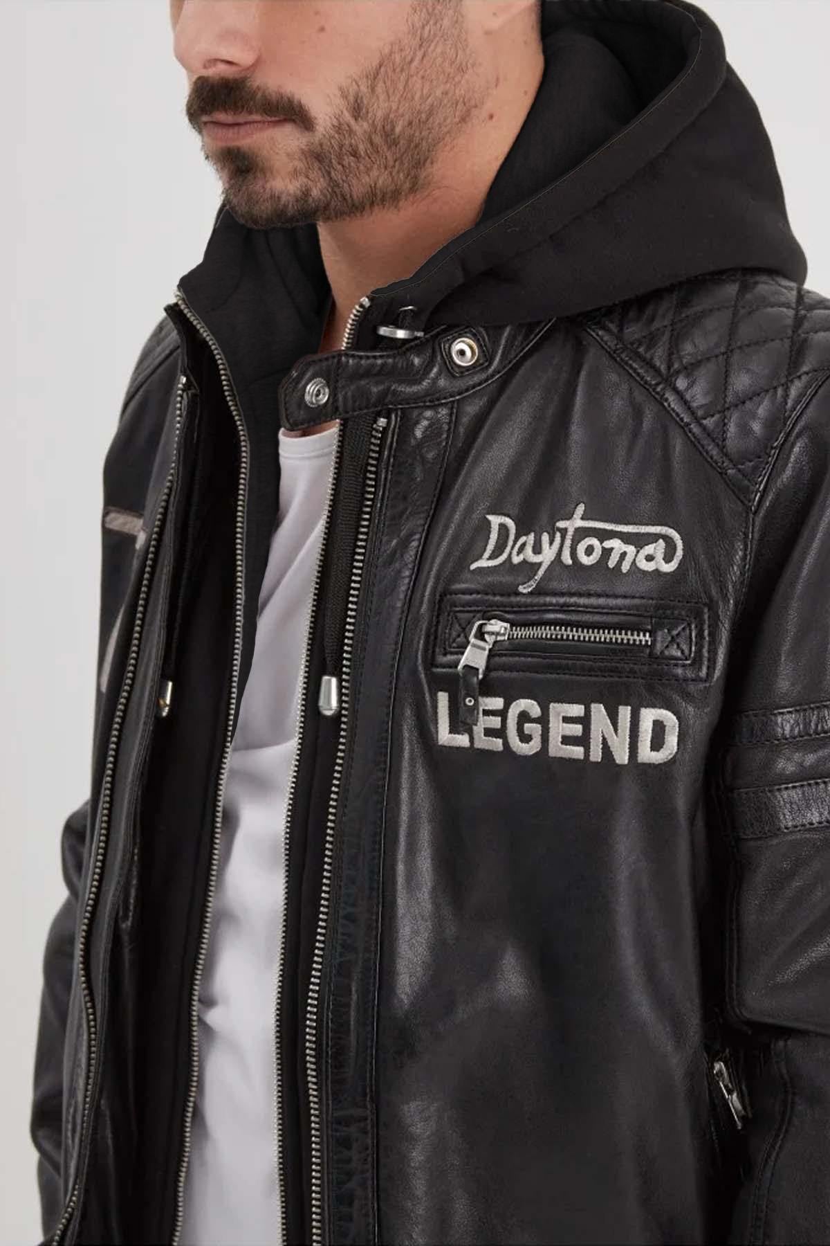 Black biker-style leather jacket with hood - Image n°4