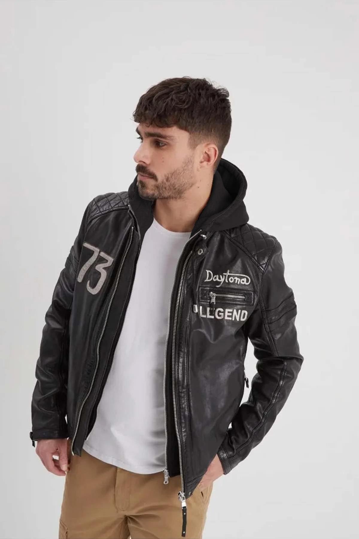 Black biker-style leather jacket with hood - Image n°1