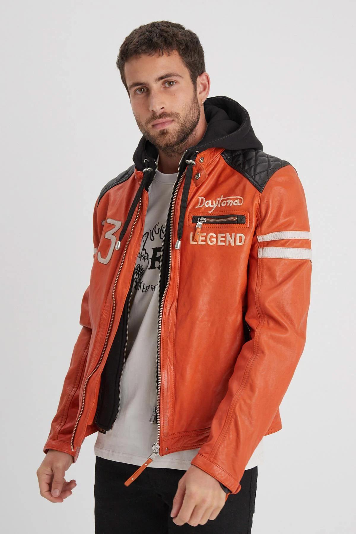 Orange leather biker jacket for men - Image n°1