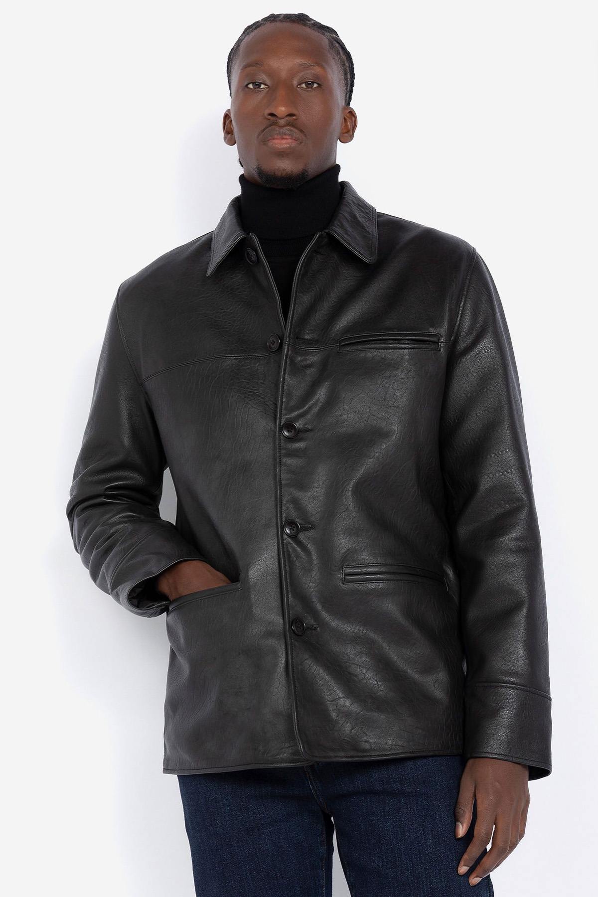 Black buttoned leather jacket with shirt collar - Image n°4