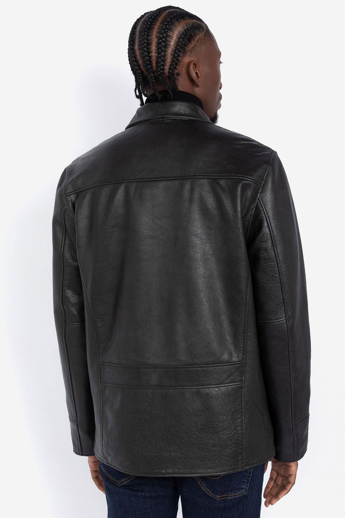 Black buttoned leather jacket with shirt collar - Image n°5