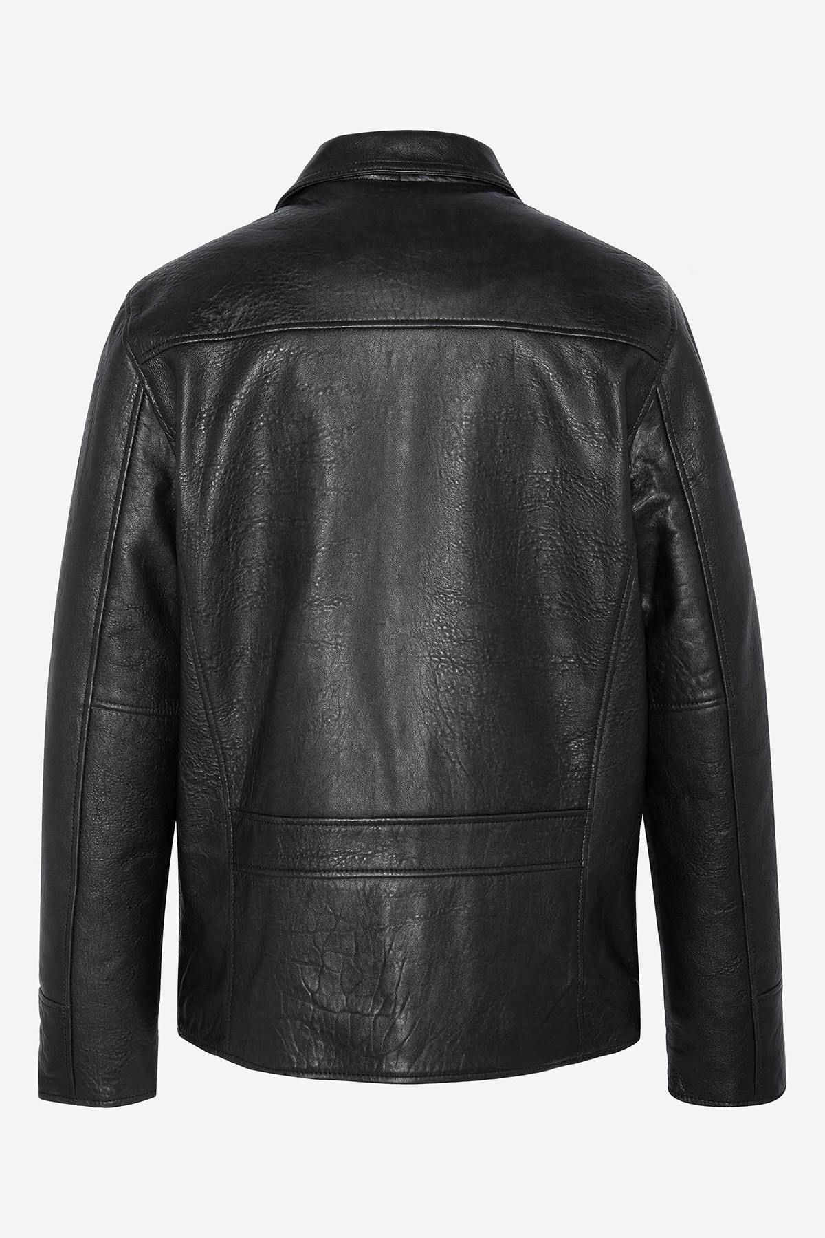 Black buttoned leather jacket with shirt collar - Image n°6