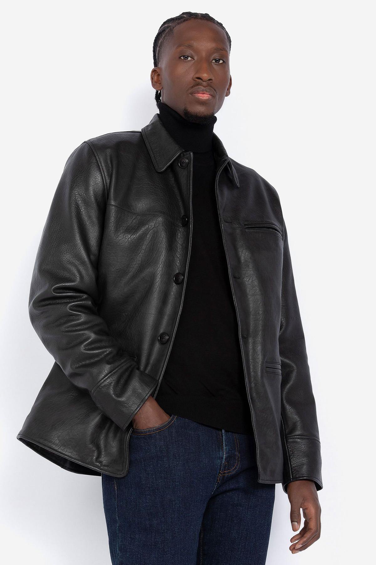 Black buttoned leather jacket with shirt collar - Image n°1