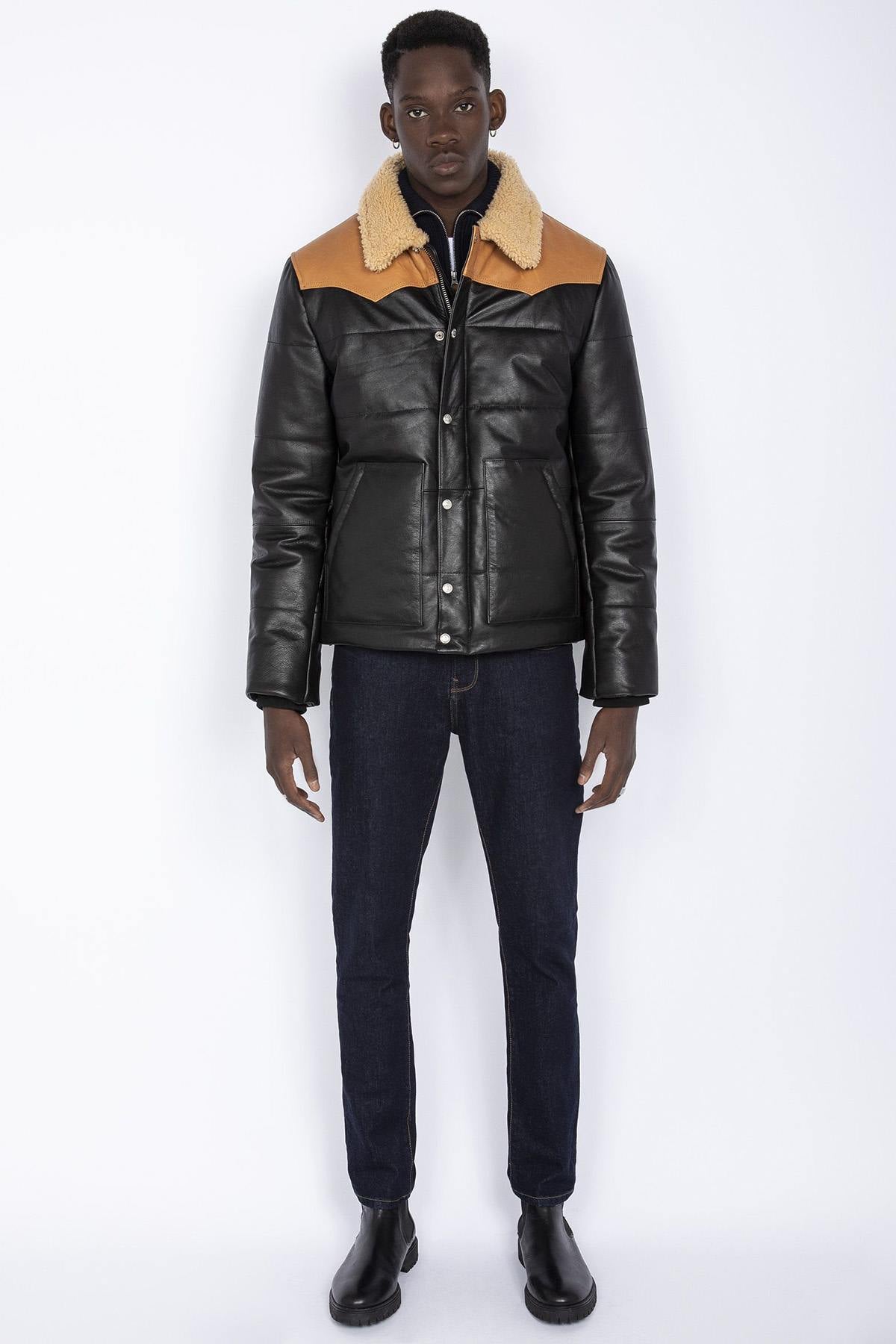 Two-tone leather down jacket with fur collar - Image n°5