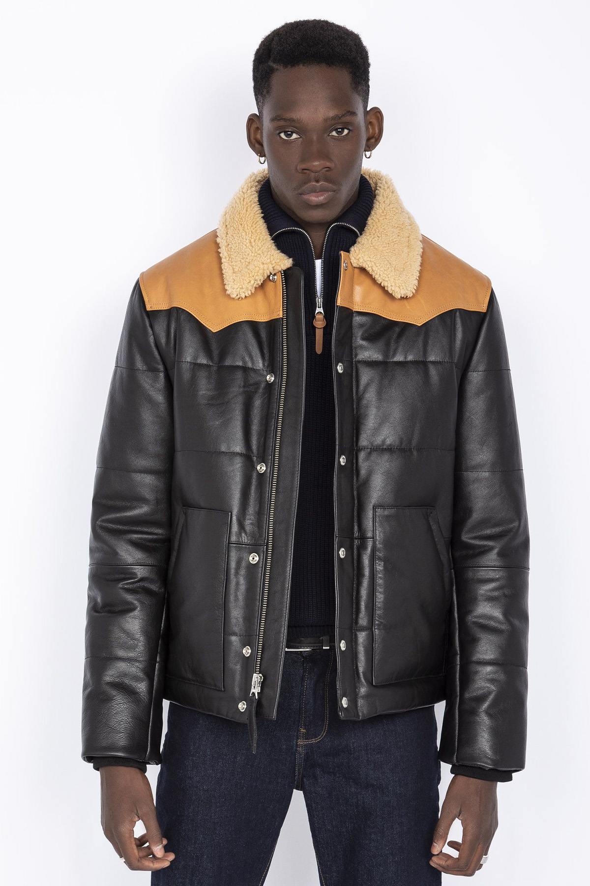 Two-tone leather down jacket with fur collar - Image n°1