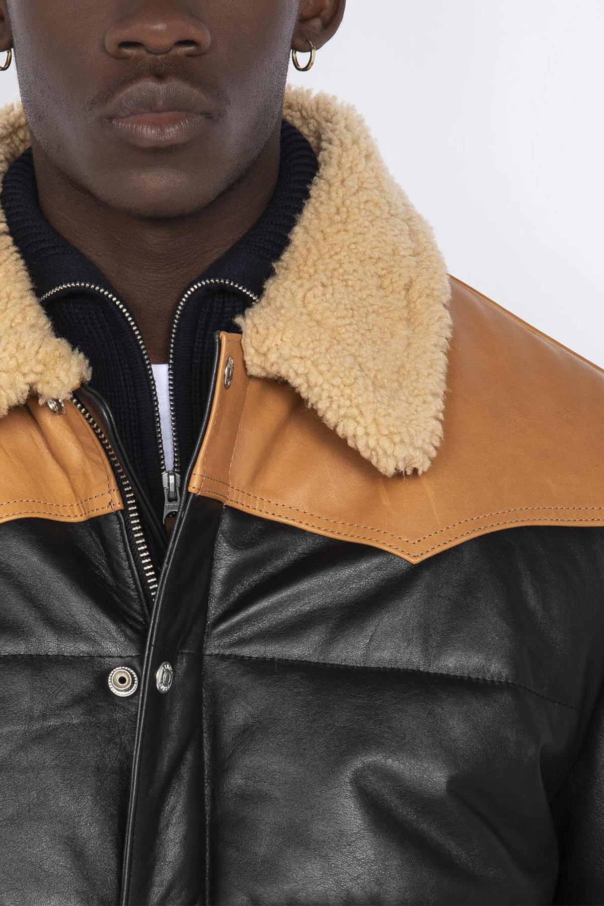 Two-tone leather down jacket with fur collar - Image n°2