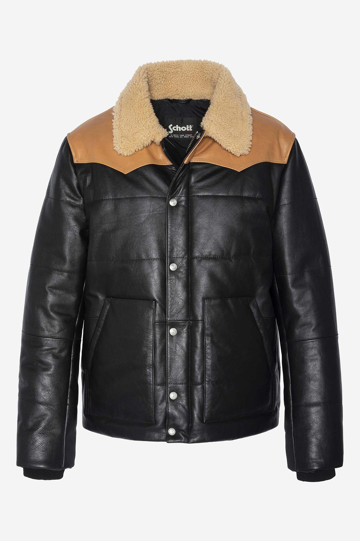 Two-tone leather down jacket with fur collar - Image n°6