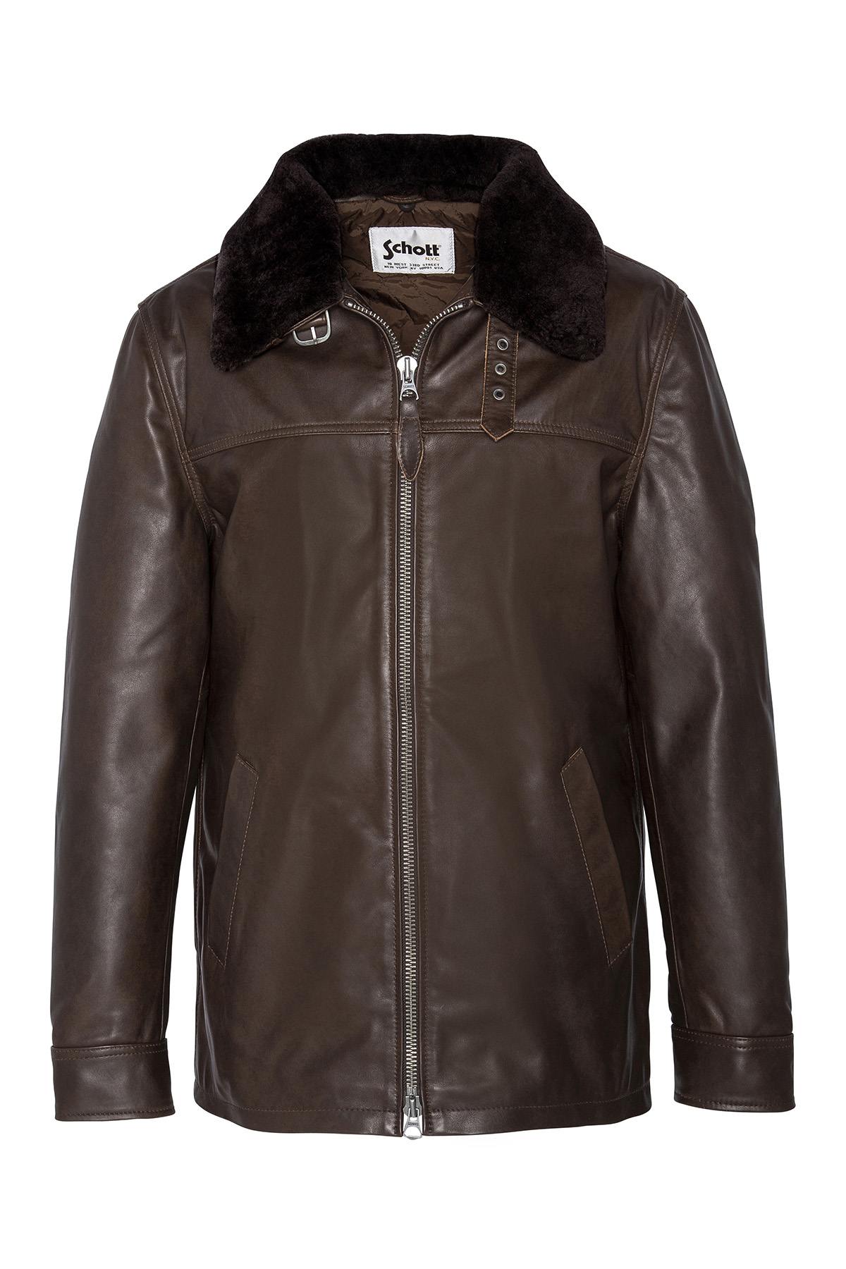 Straight cowhide leather jacket with removable fur collar - Image n°6