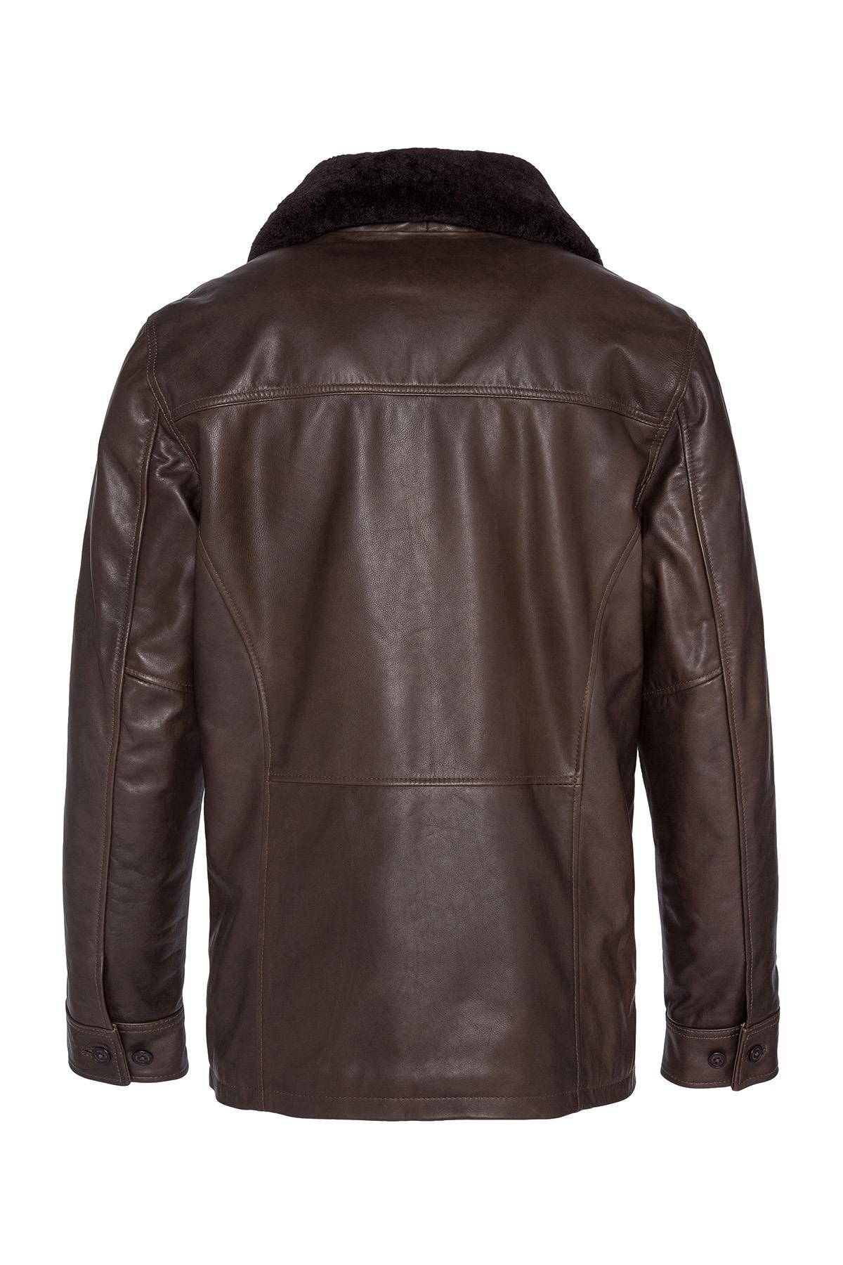 Straight cowhide leather jacket with removable fur collar - Image n°7