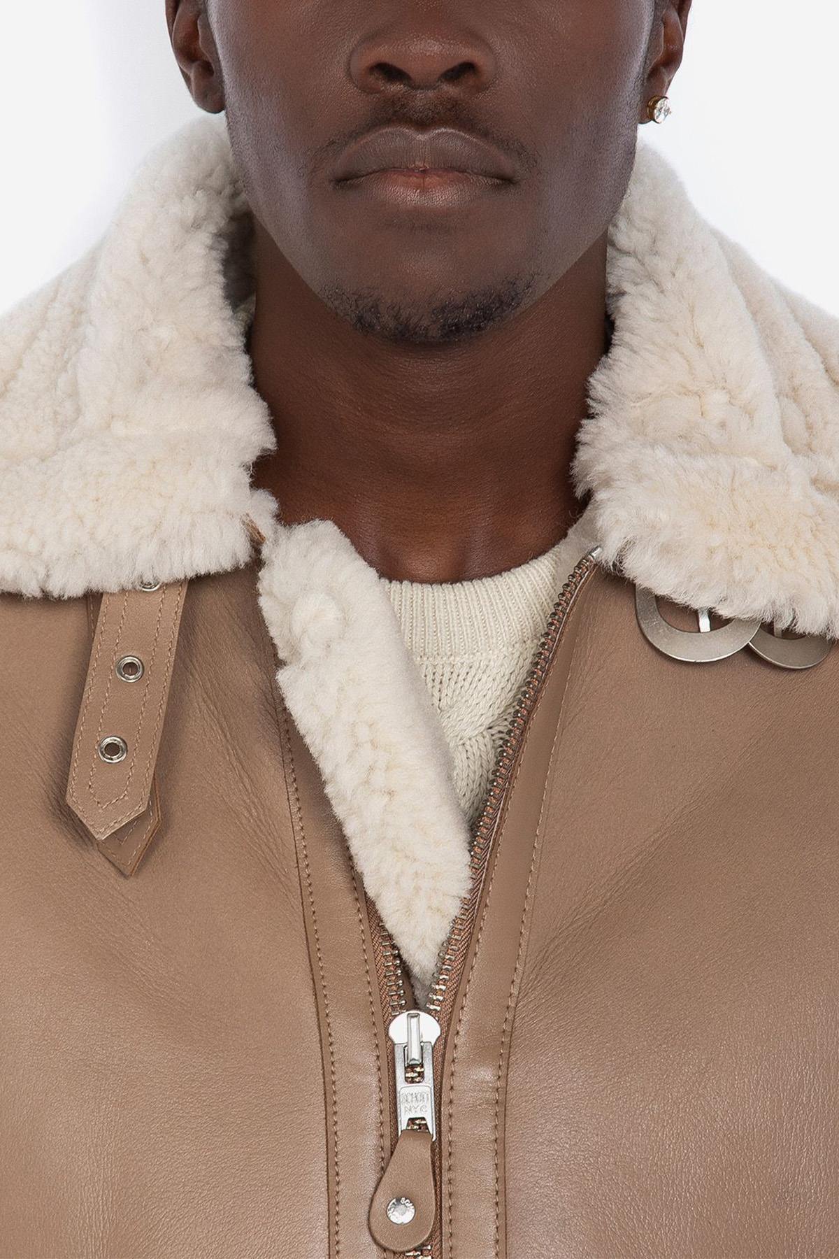 Beige sheepskin leather bomber - Image n°2