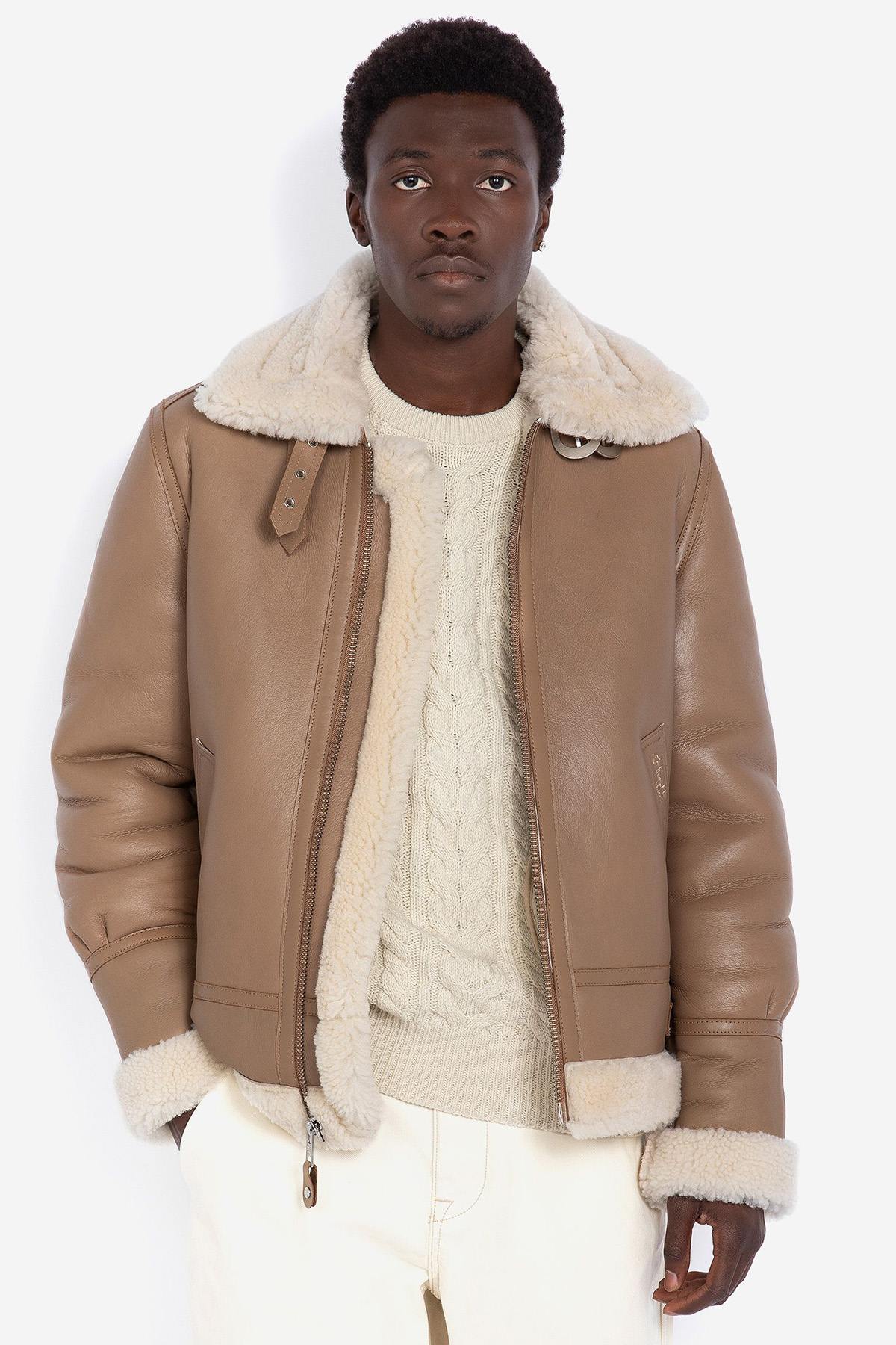 Beige sheepskin leather bomber - Image n°6