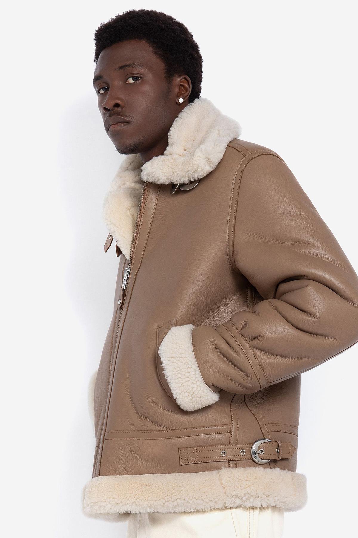 Beige sheepskin leather bomber - Image n°1