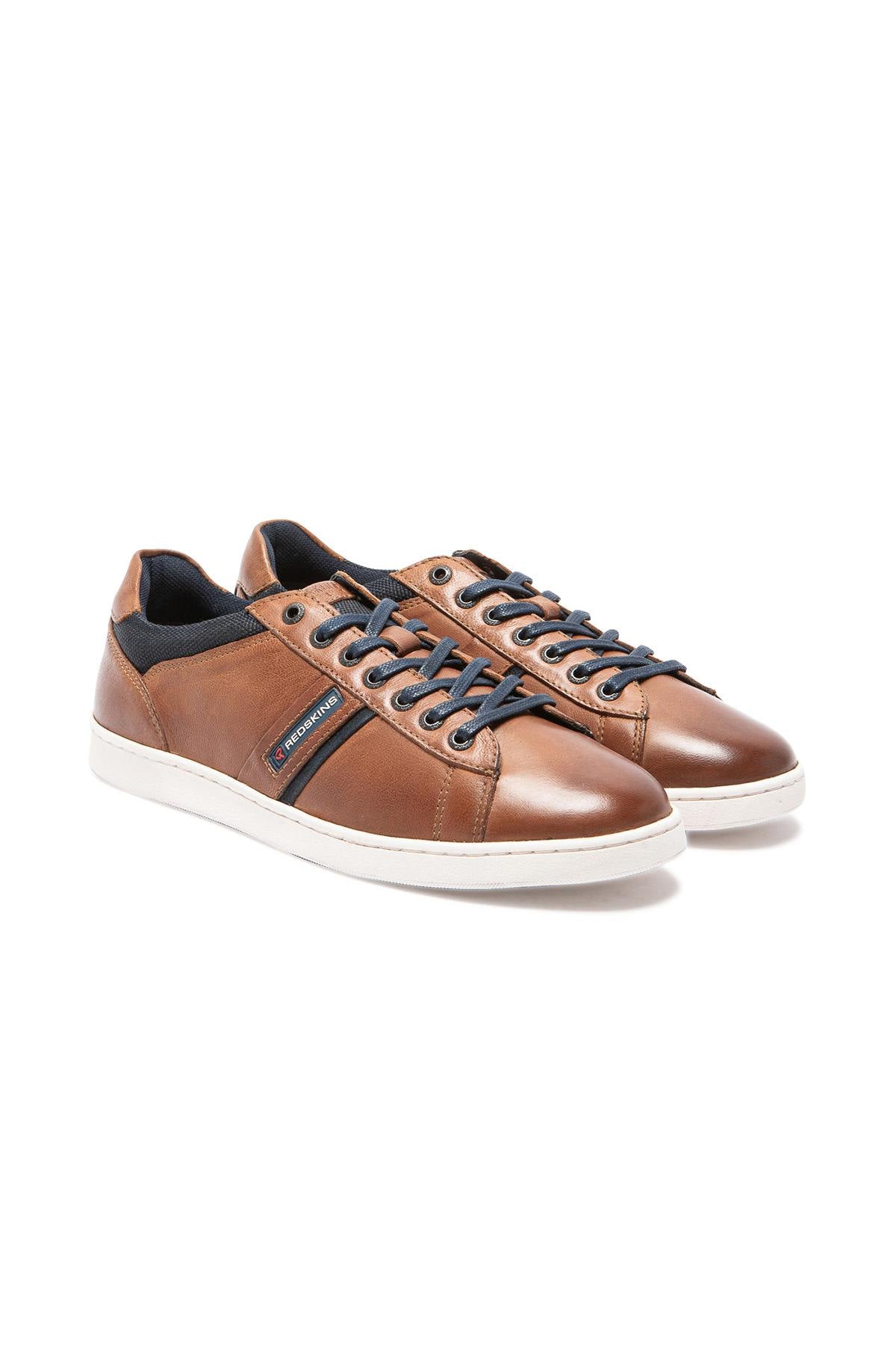 Cognac and navy leather sneakers - Image n°1